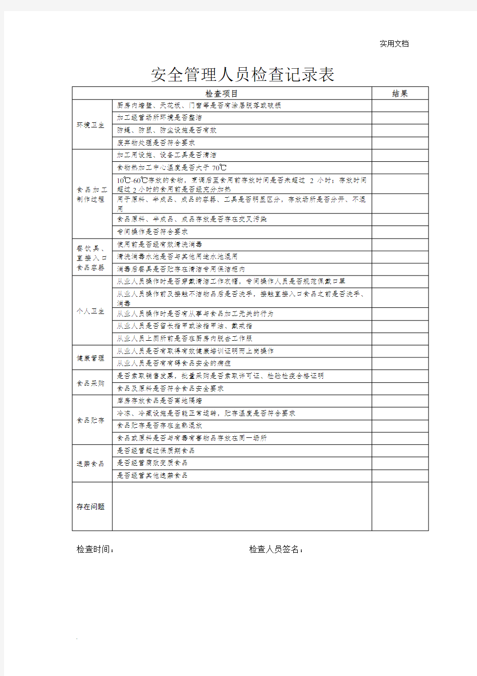 食品安全管理人员检查记录表