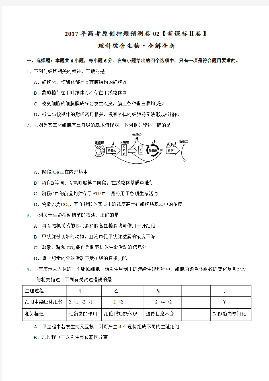 2017年高考生物原创押题预测卷 02(新课标Ⅱ卷)(原卷版)