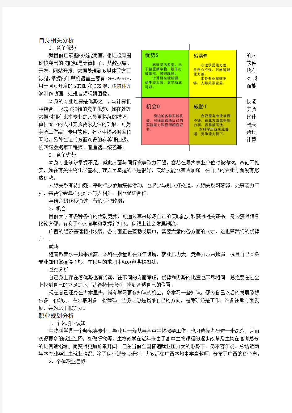 用SWOT分析法分析个人职业生涯规划