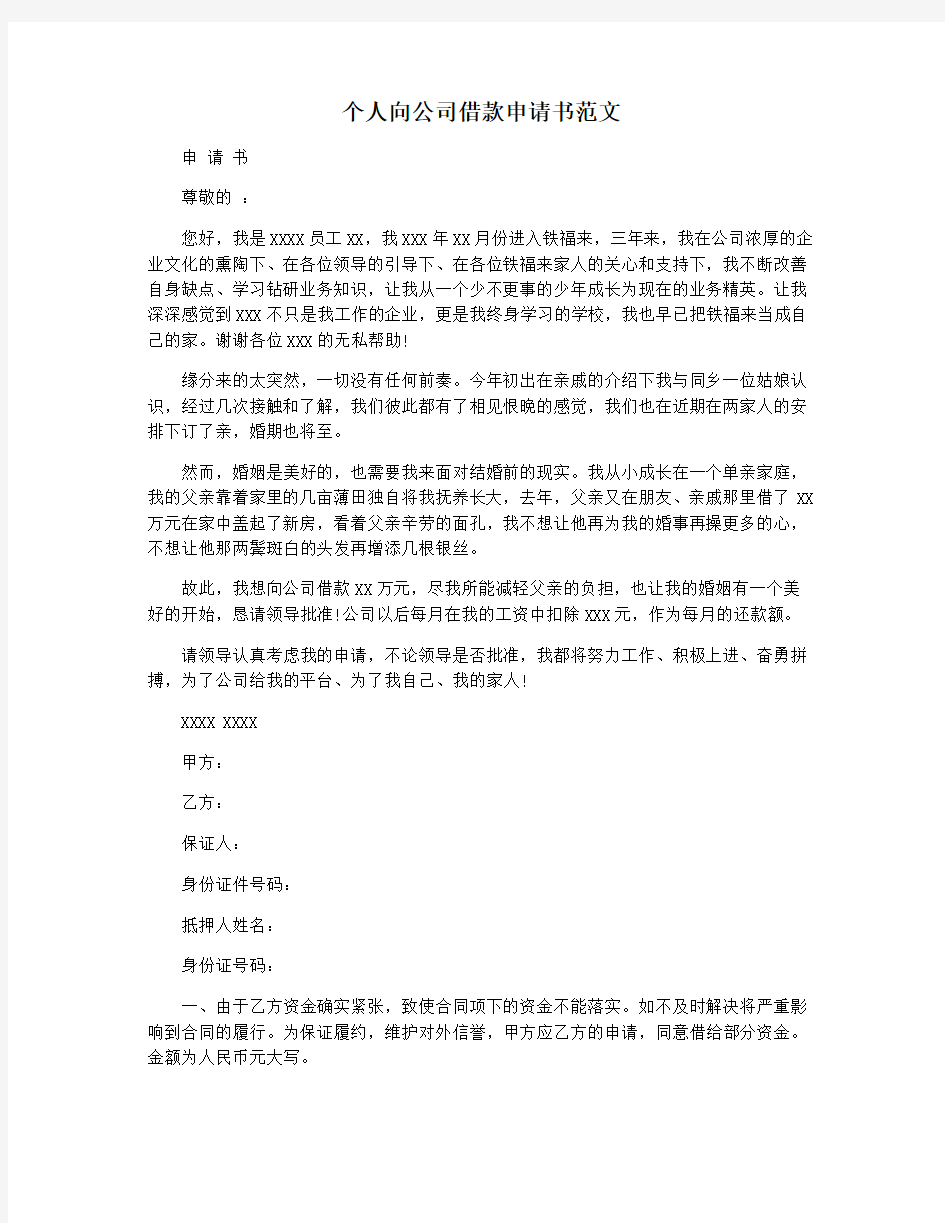 个人向公司借款申请书范文