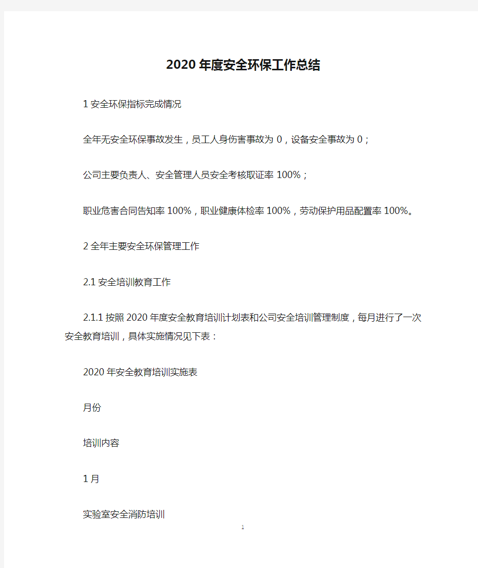 2020年度安全环保工作总结