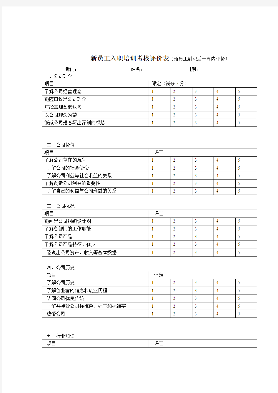 新员工入职培训考核评价表