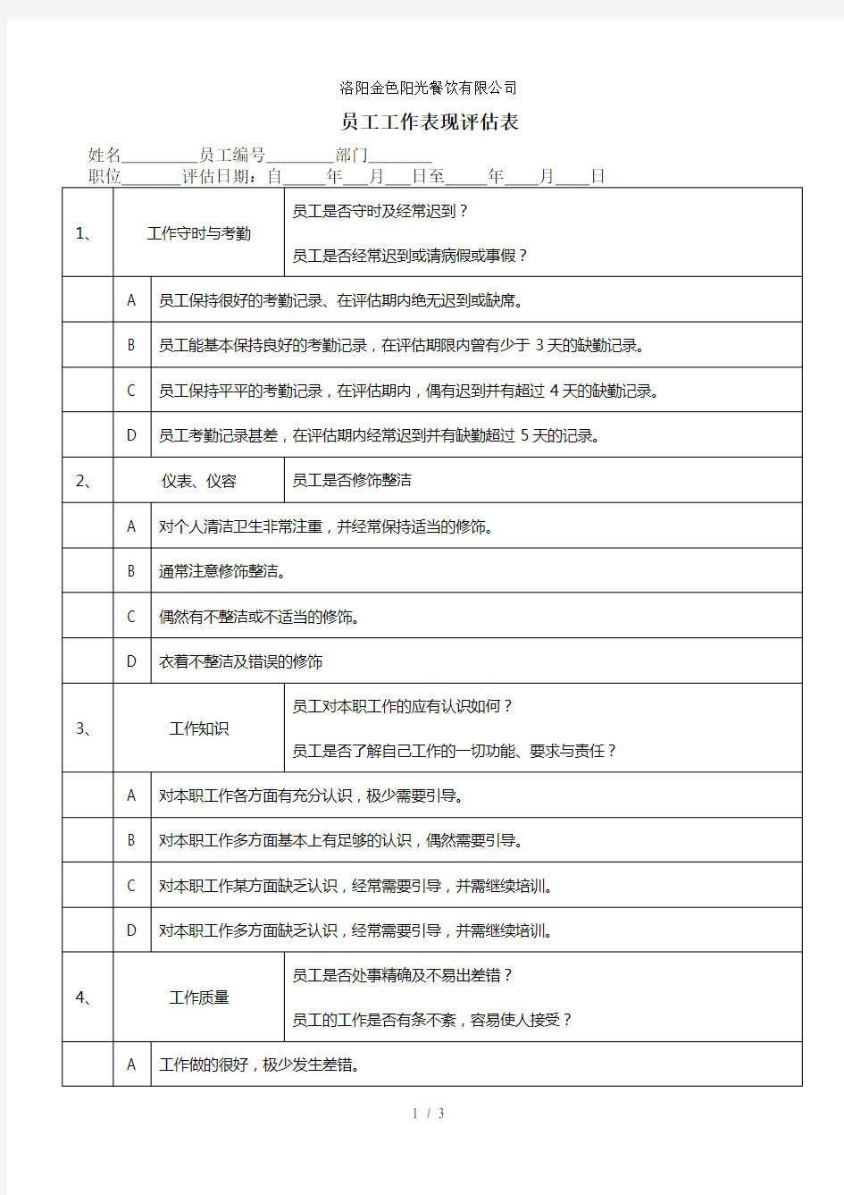 员工工作表现评估表