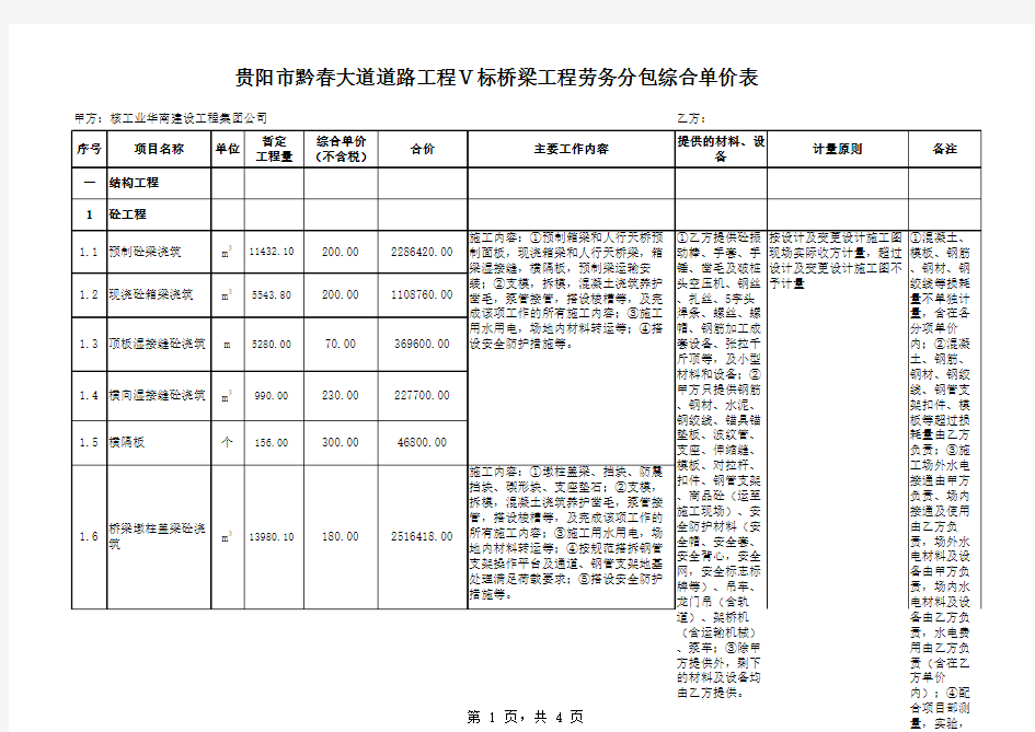 桥梁分包劳务单价