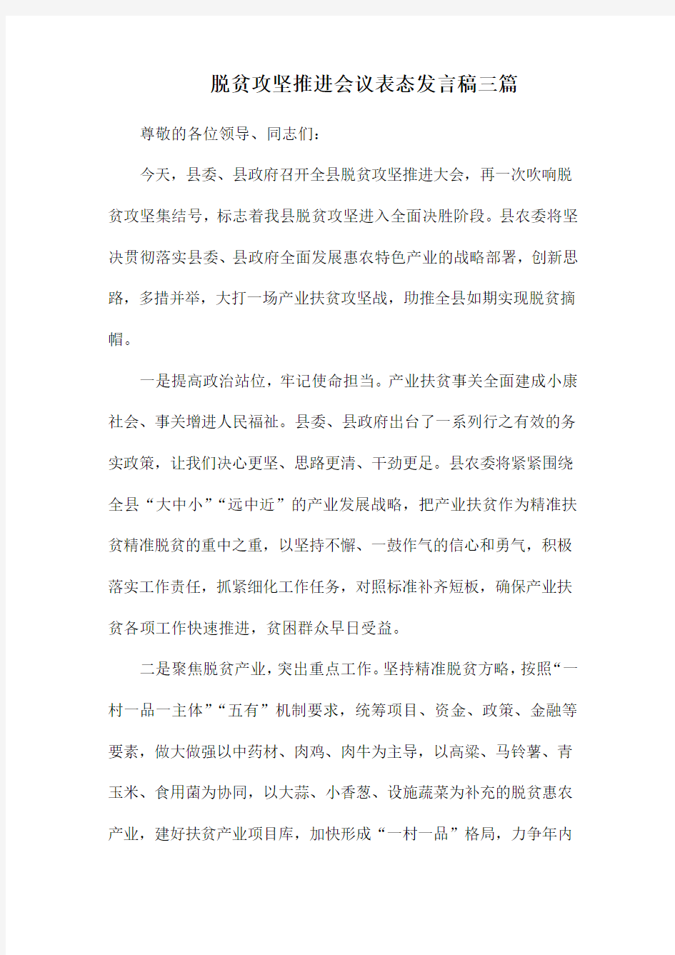 脱贫攻坚推进会议表态发言稿三篇