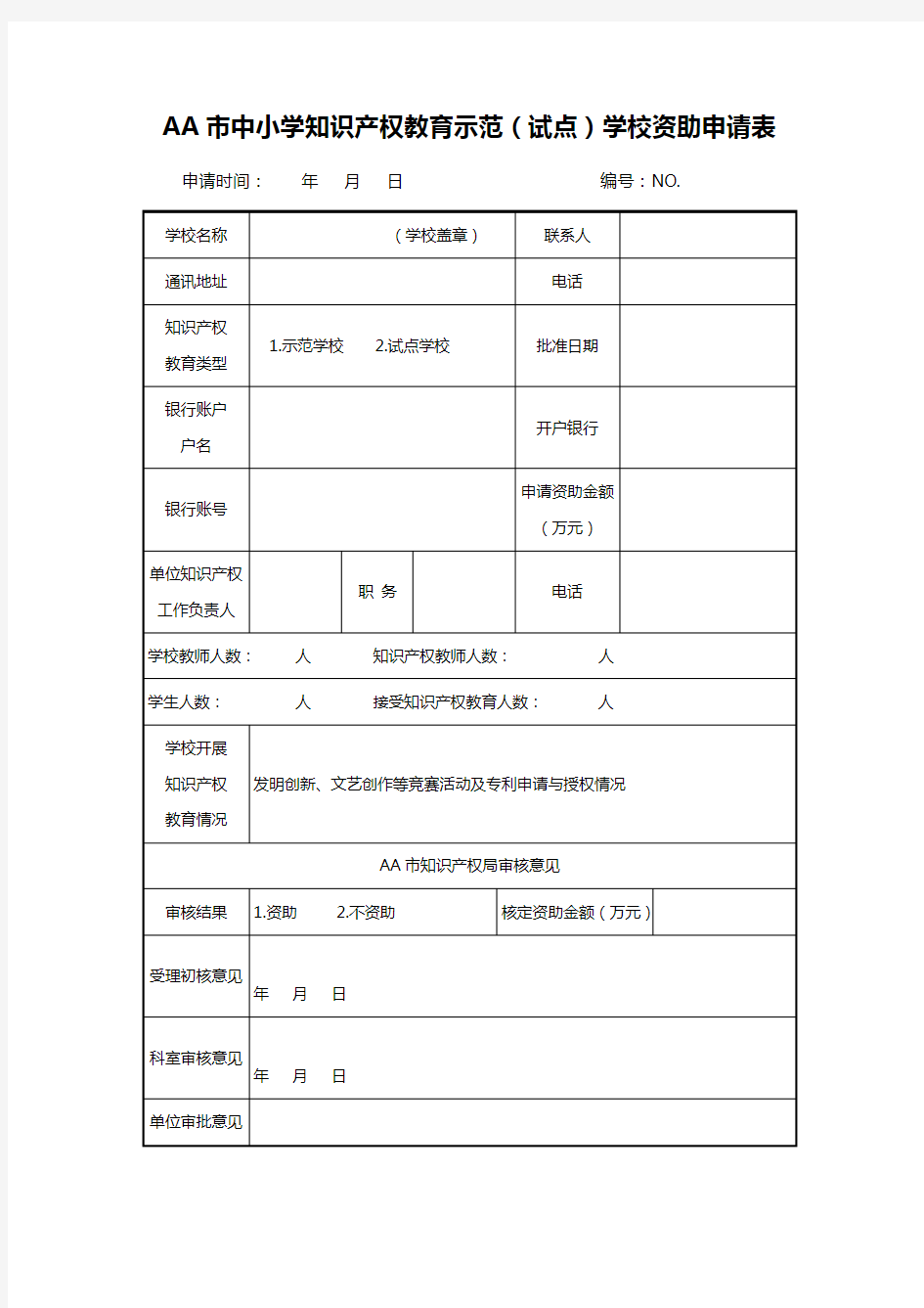 AA市中小学知识产权教育示范(试点)学校资助申请表