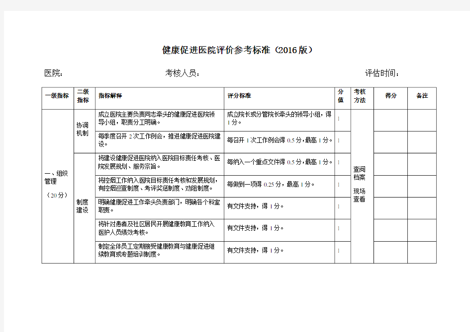 健康促进医院评价打分表版