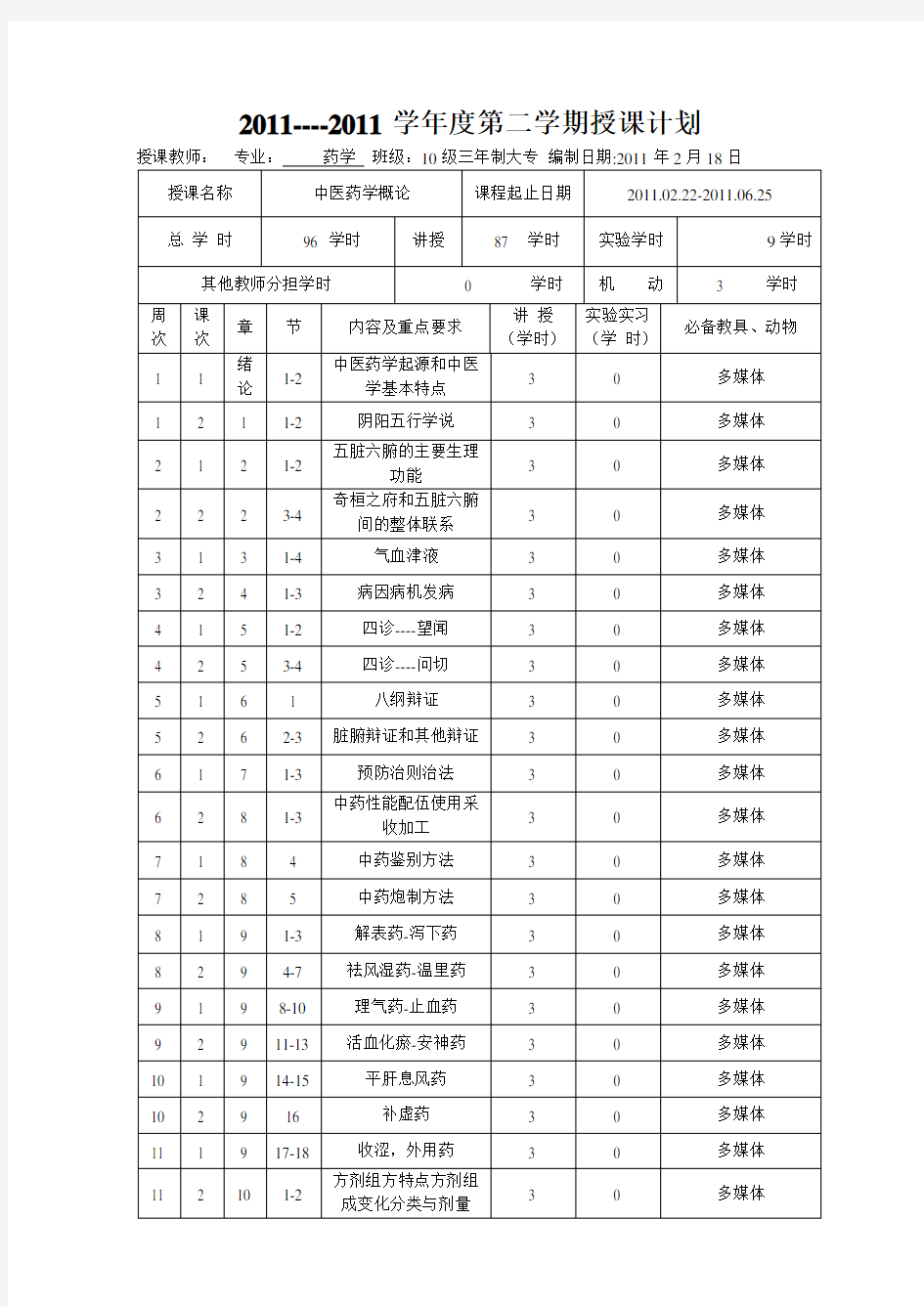 教师授课计划表(样表) - 第二学期