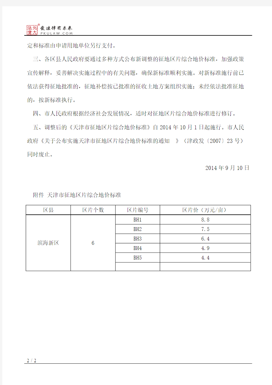 天津市人民政府关于调整天津市征地区片综合地价标准的通知