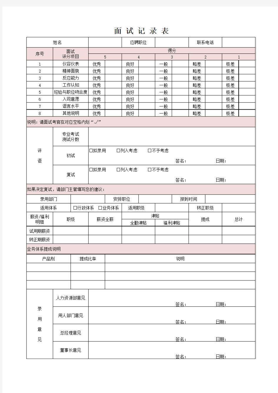 面 试 记 录 表(最新)