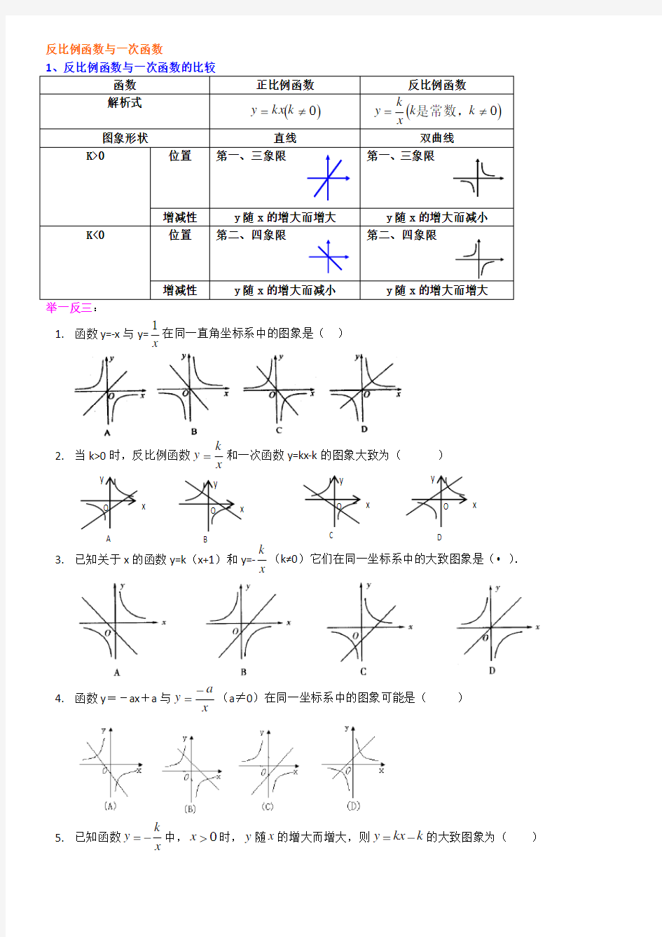 反比例函数与一次函数的综合应用