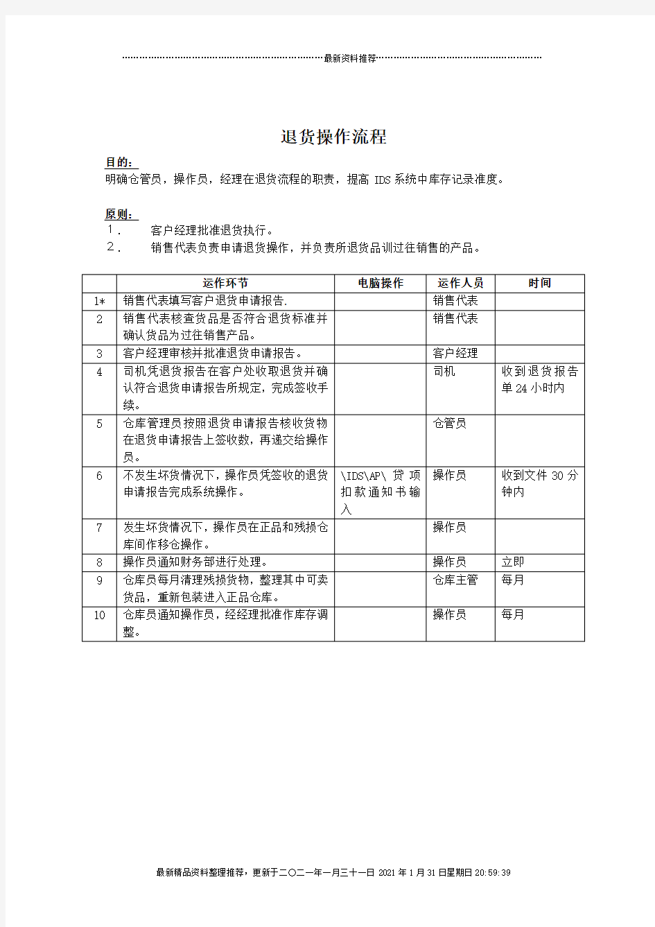 客户服务部-退货操作标准流程