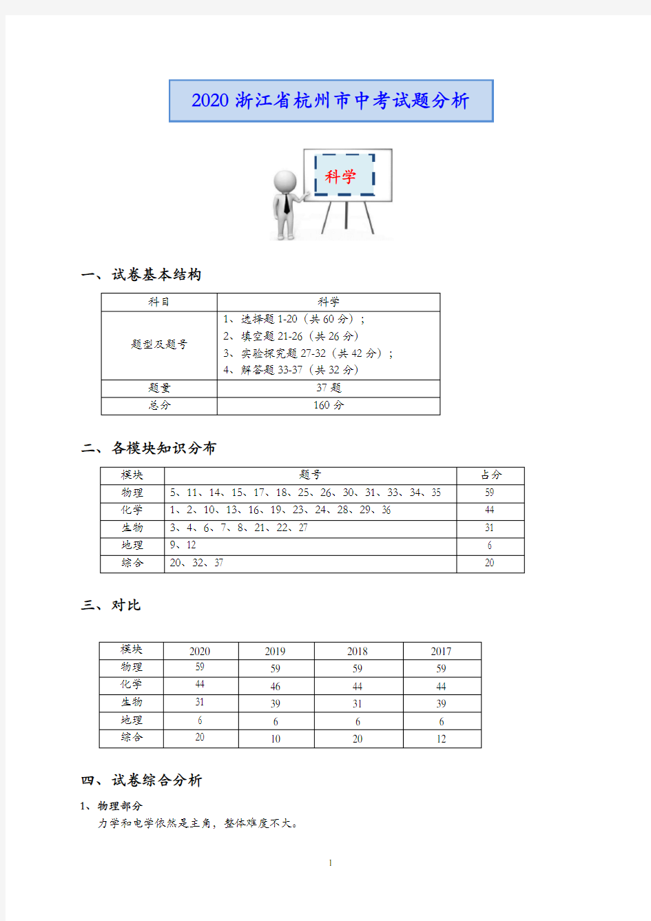 2020年杭州中考科学试题分析