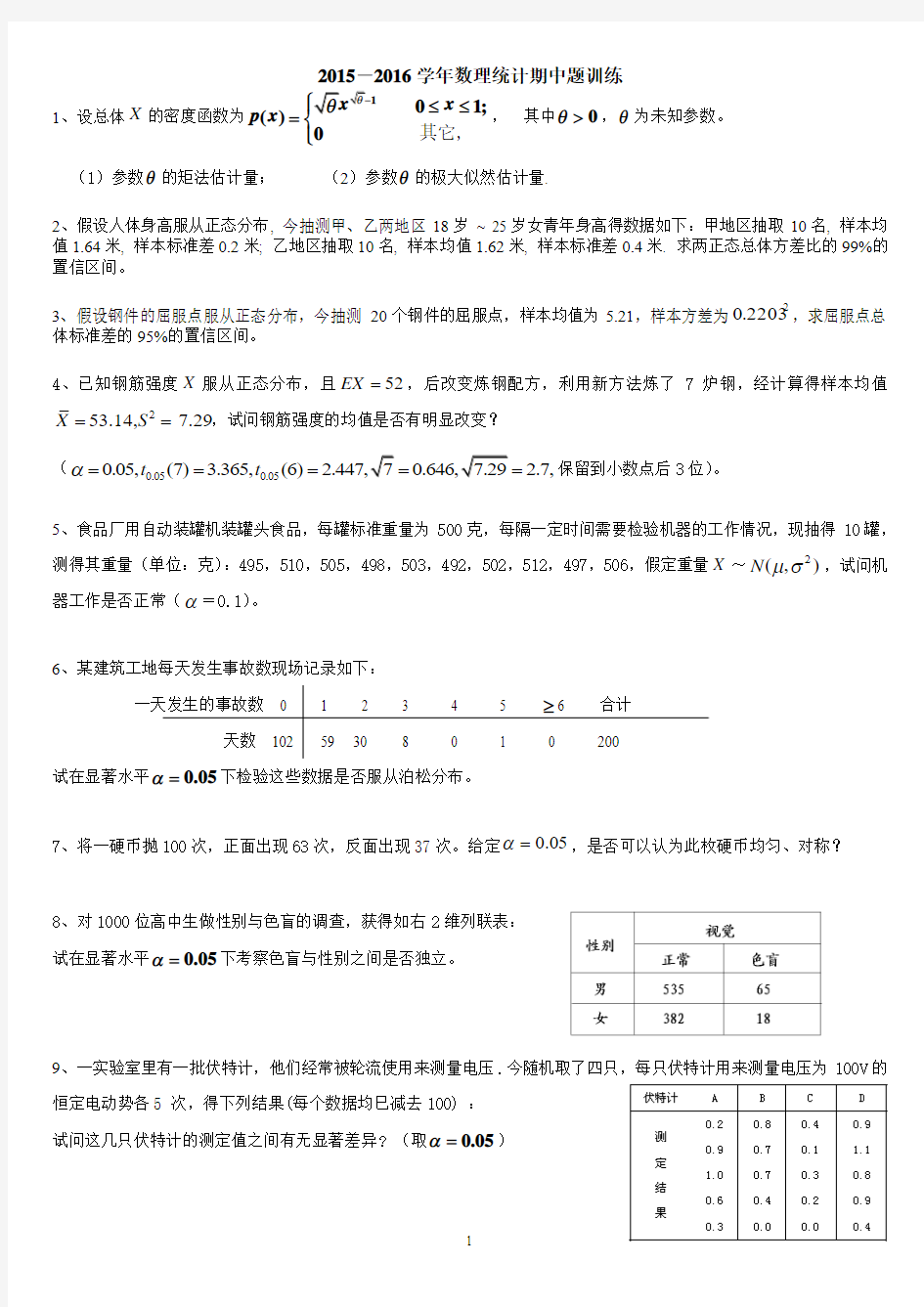 数理统计期中试题2015-2016第二学期