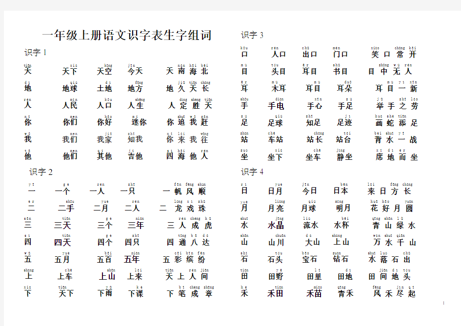 一年级上册语文识字表-组词