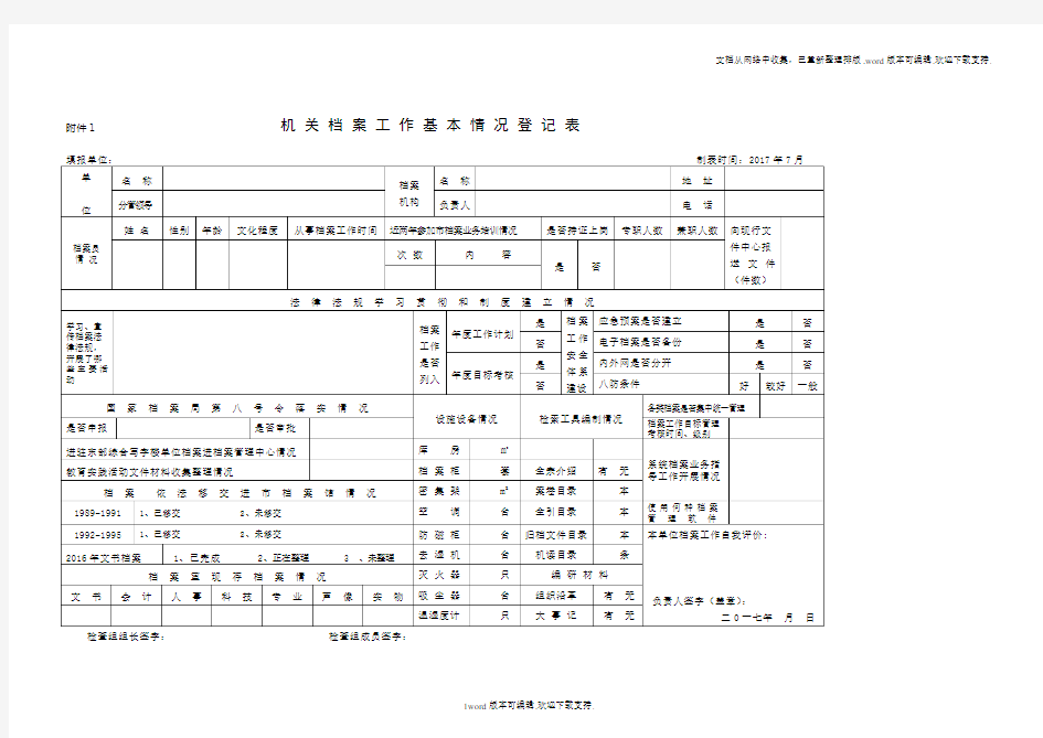 机关档案工作基本情况登记表