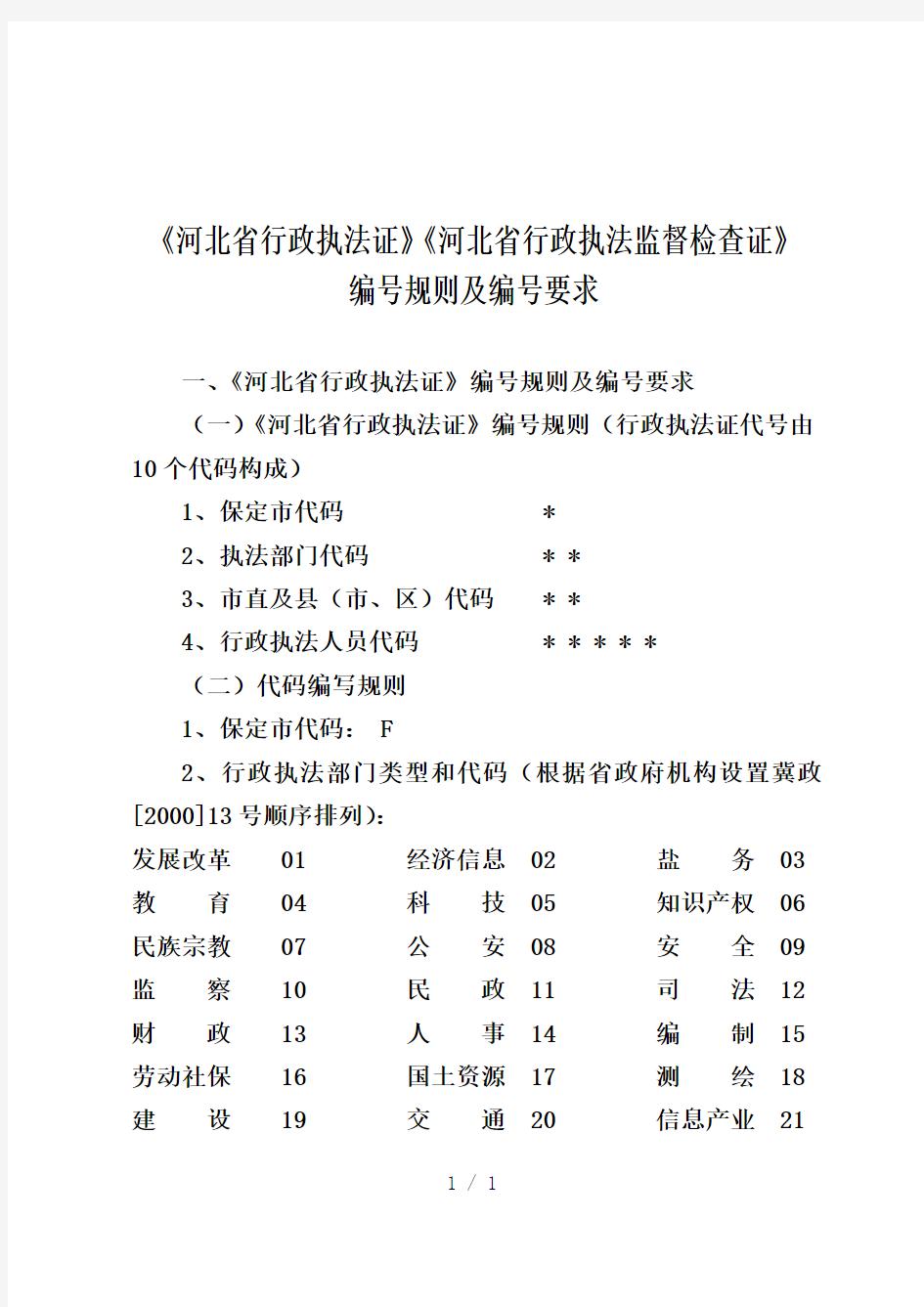 河北省行政执法证编号规则及编号要求