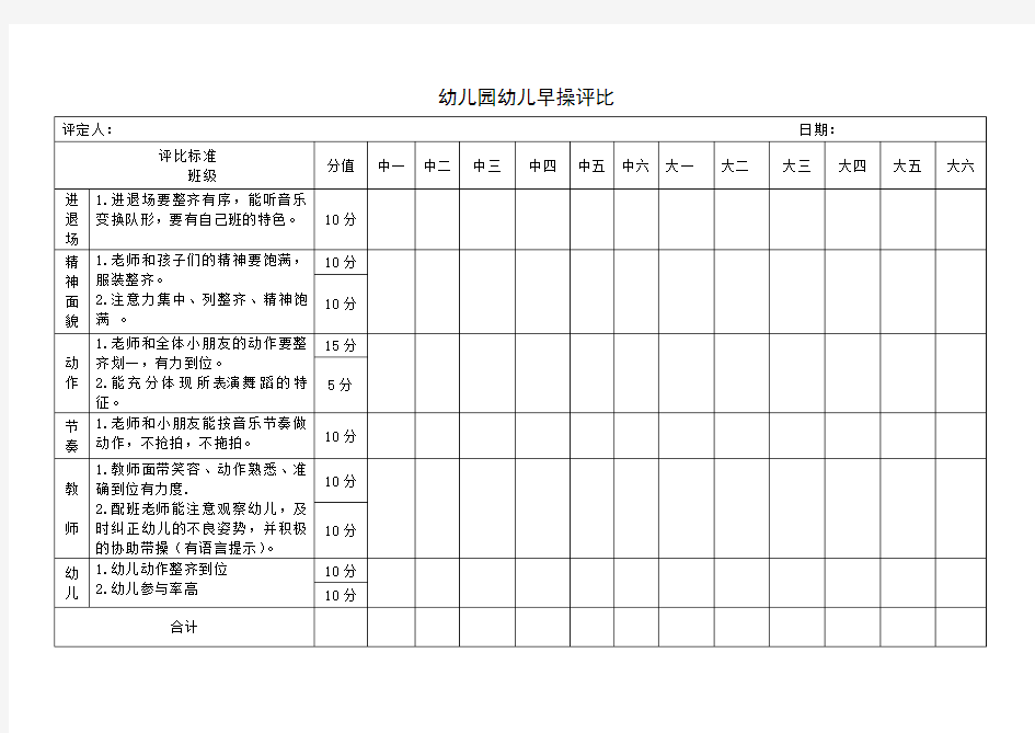 幼儿园早操评比表