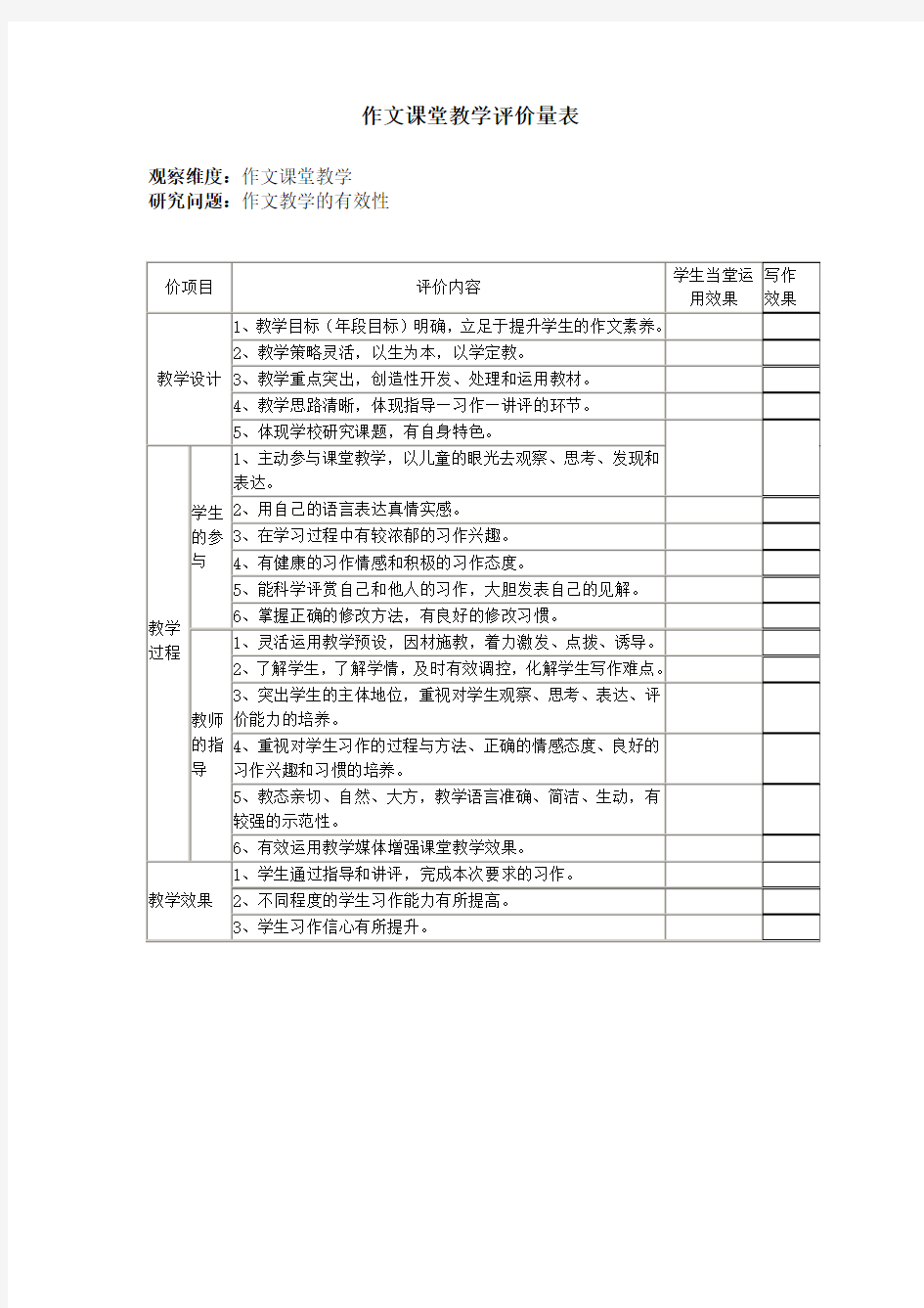 作文课堂教学评价量表