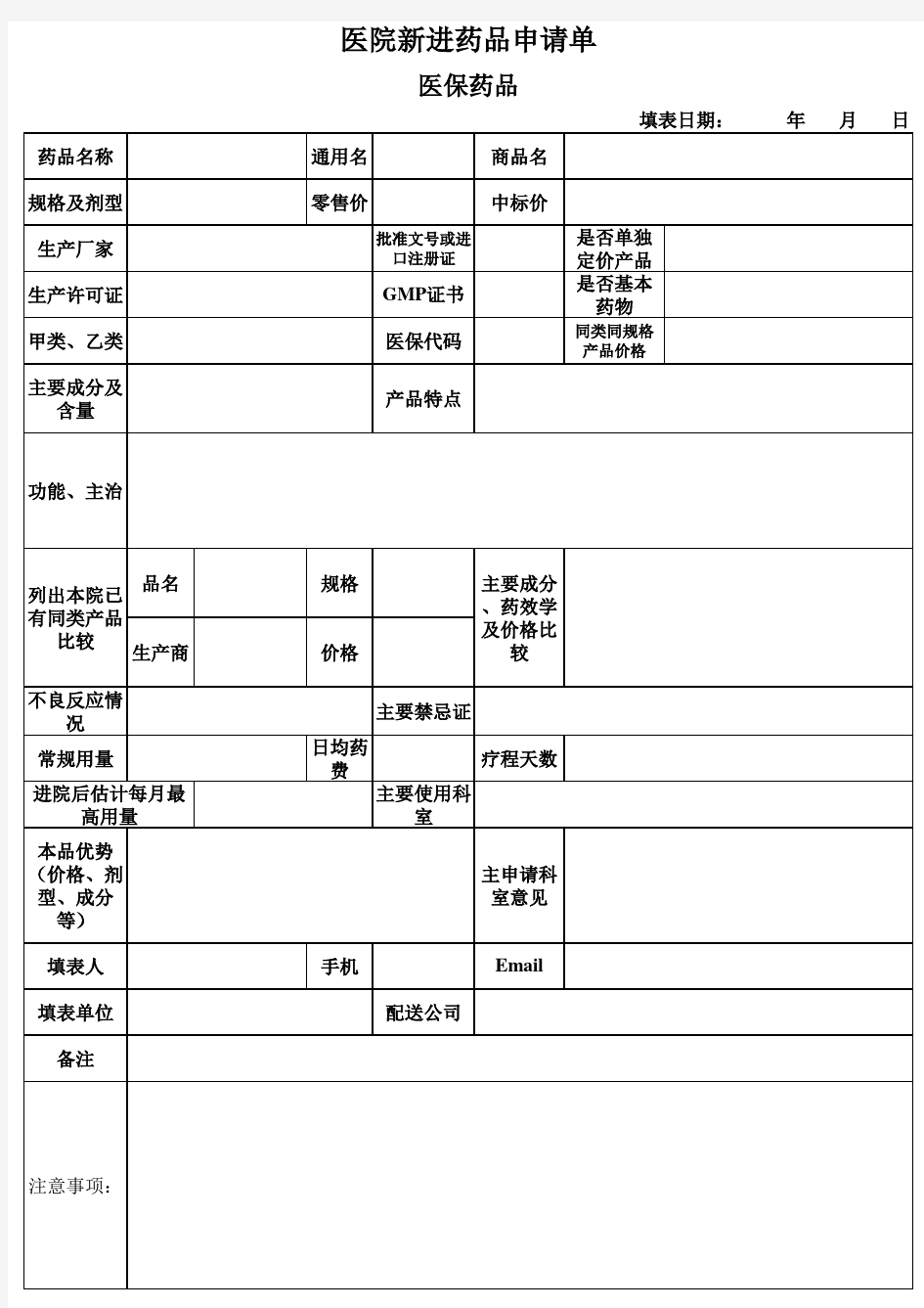 医院新进药品申请单模板