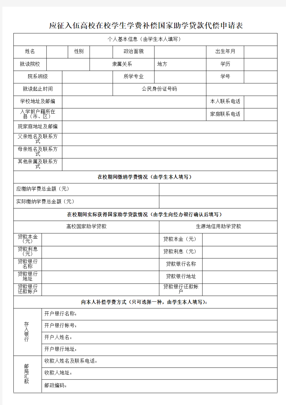 应征入伍高校在校学生学费补偿国家助学贷款代偿申请表(未填)