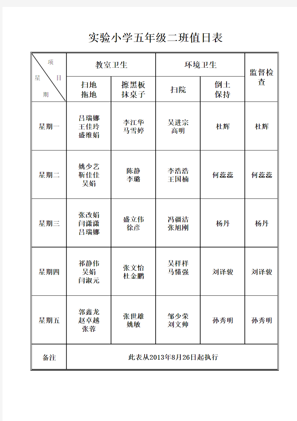 实验小学五年级二班值日表