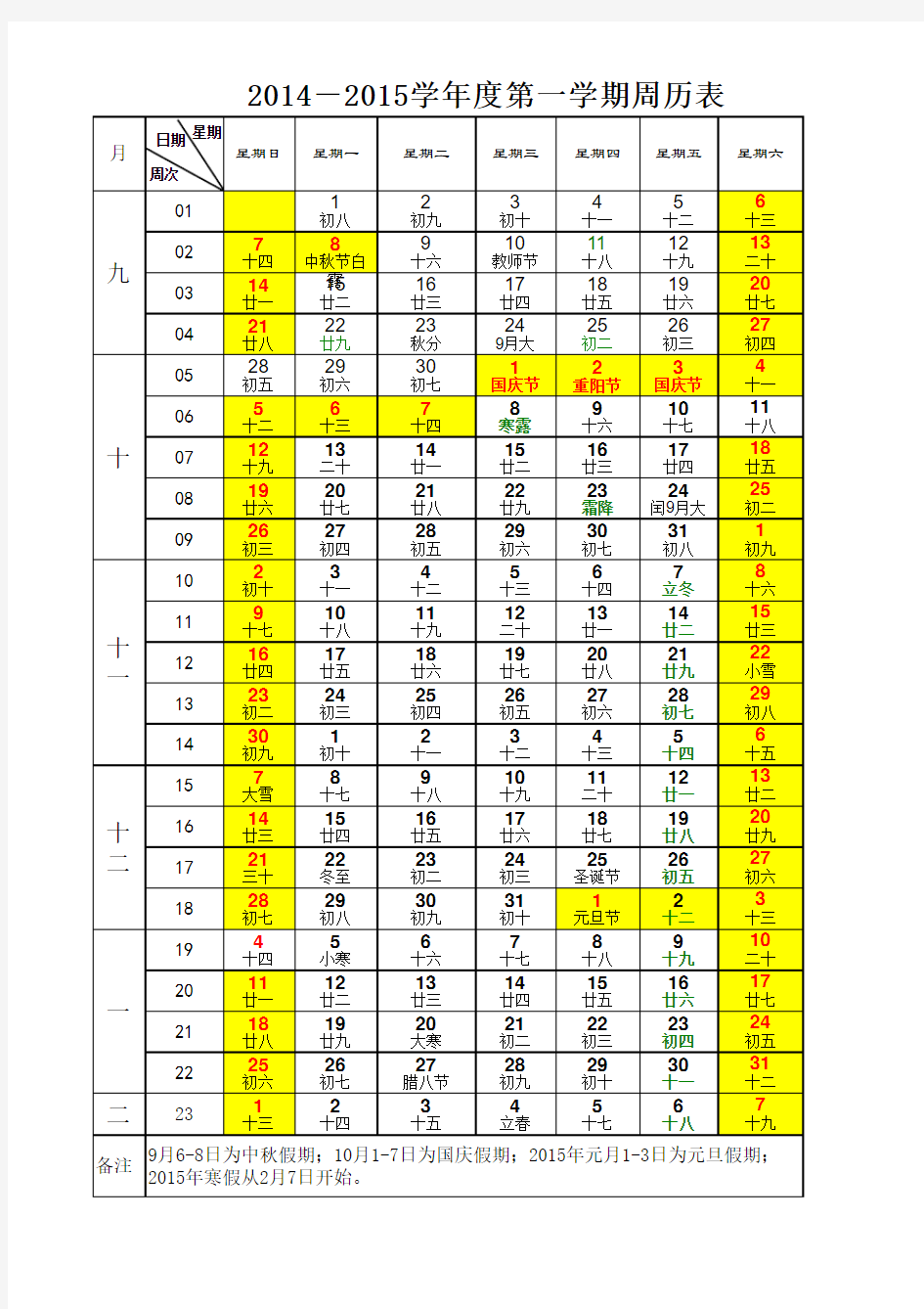 2014-2015学年度第一学期周历表(1)