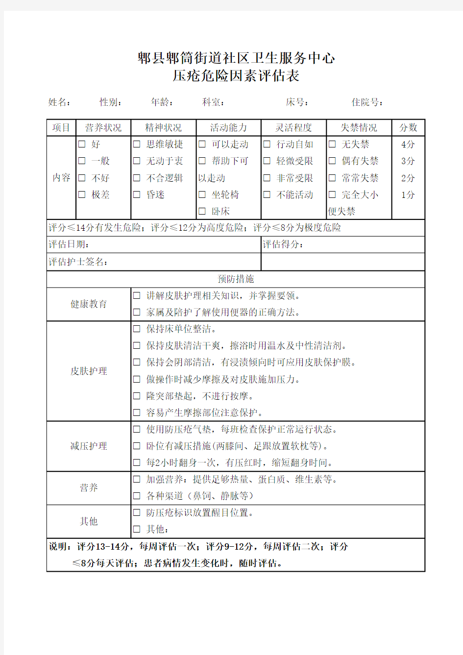 压疮危险因素评估表