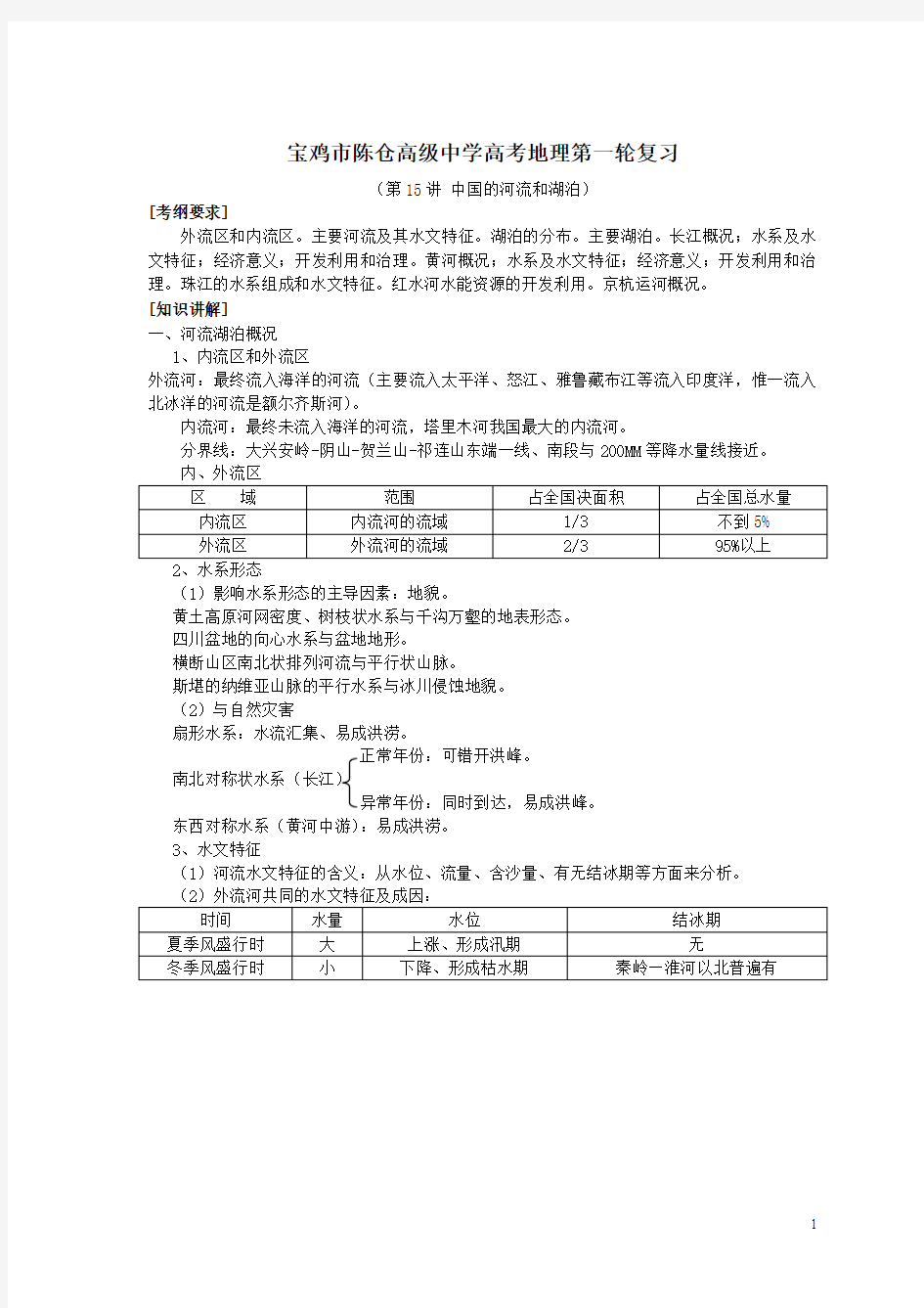 宝鸡市陈仓高级中学高考地理第一轮复习第15讲中国的河流和湖泊