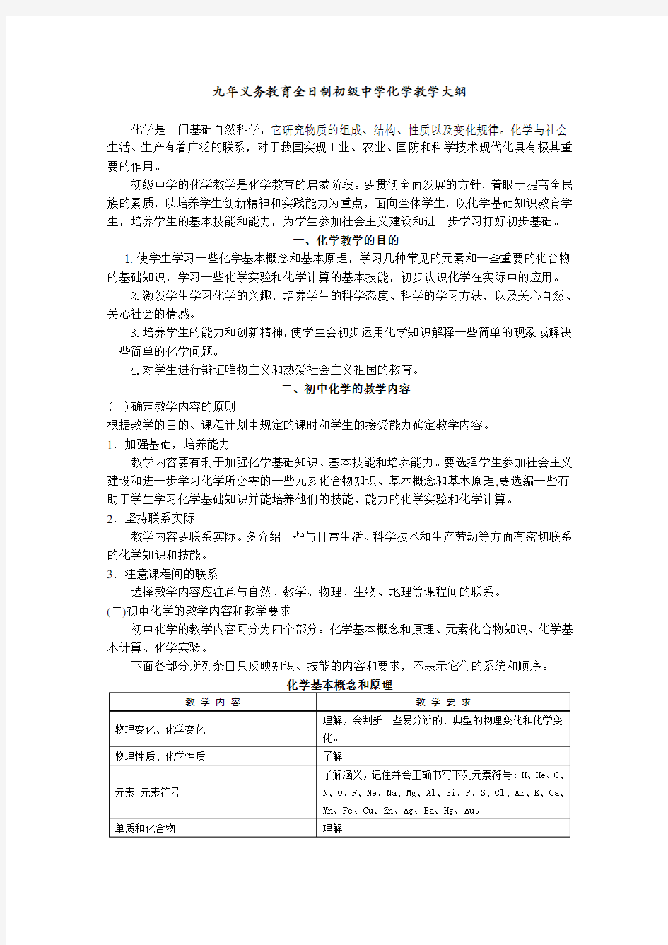 九年义务教育全日制初级中学化学教学大纲