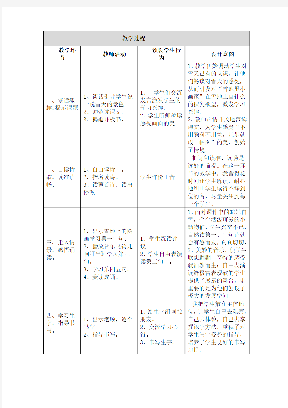 人教版小学语文一年级上册《雪地里的小画家》教学设计与反思