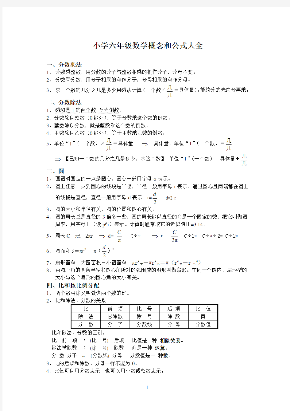 小学六年级数学概念和公式大全