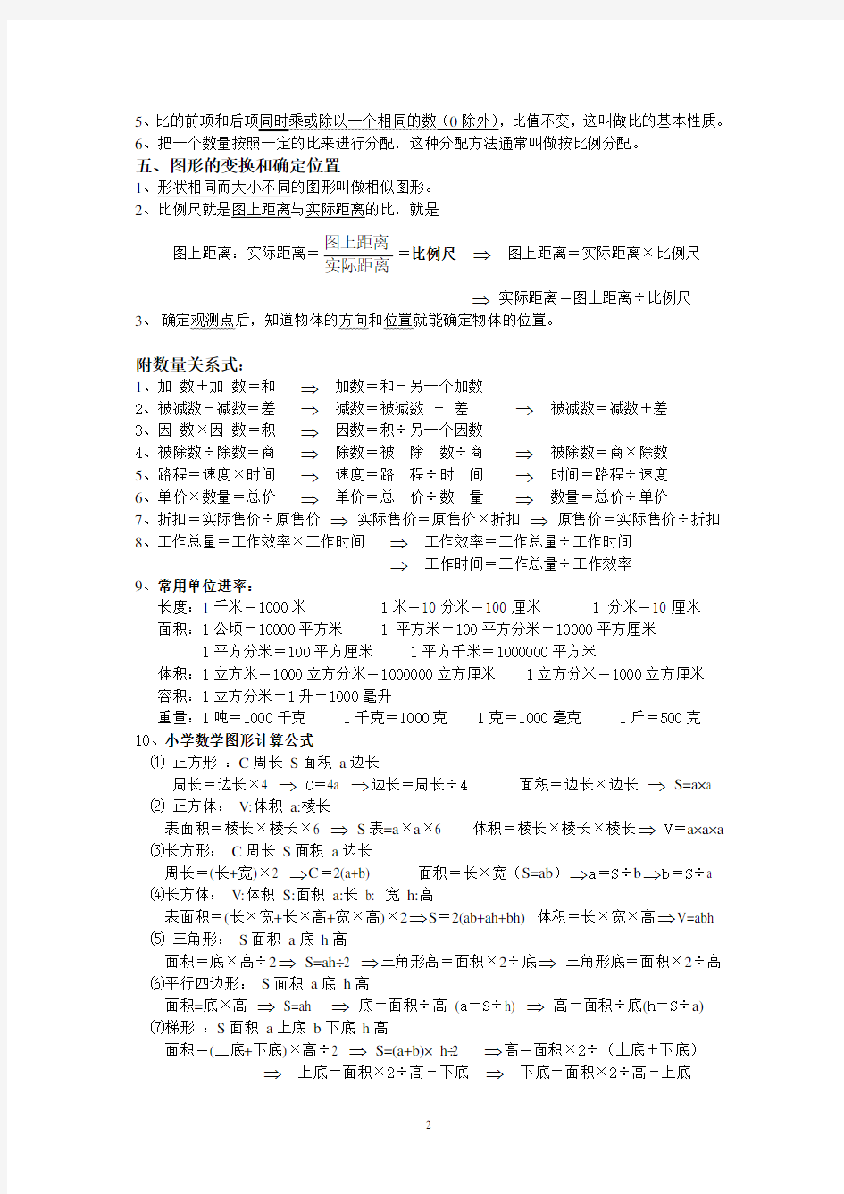 小学六年级数学概念和公式大全