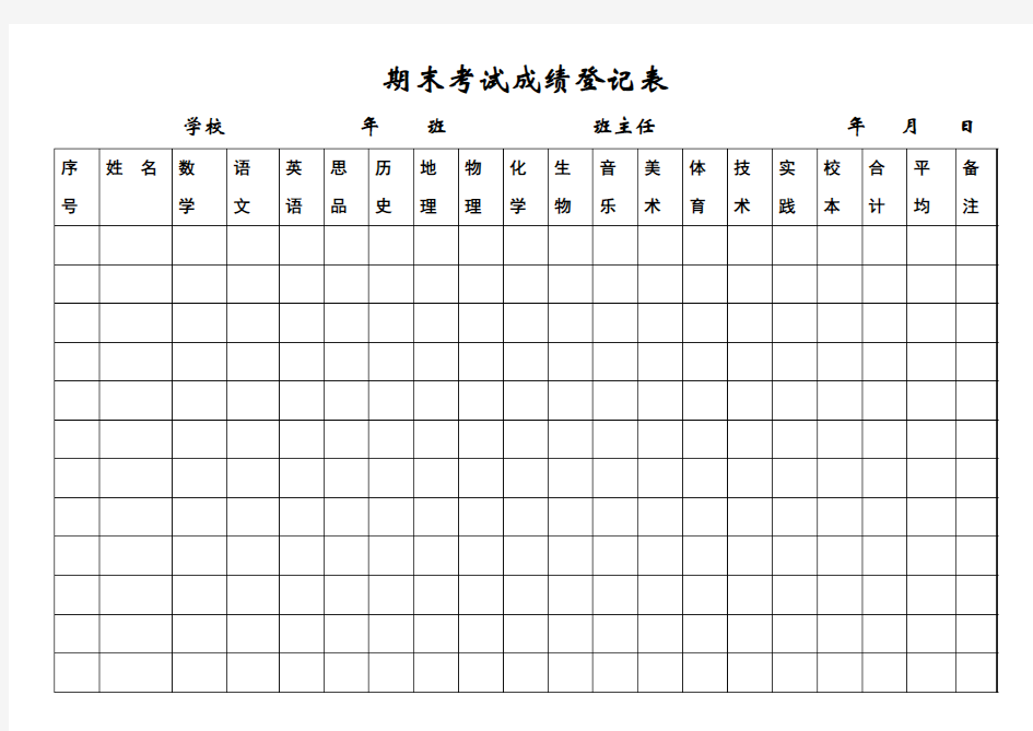 期末考试成绩登记表