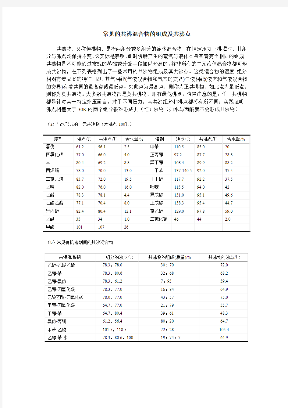 常见的共沸混合物的组成及共沸点