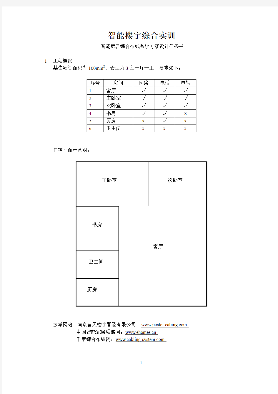 智能家居综合布线系统综合实训任务书