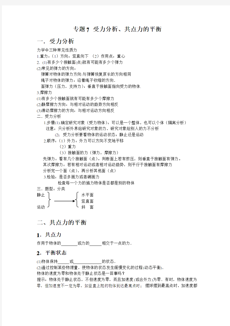 专题7 受力分析 共点力的平衡