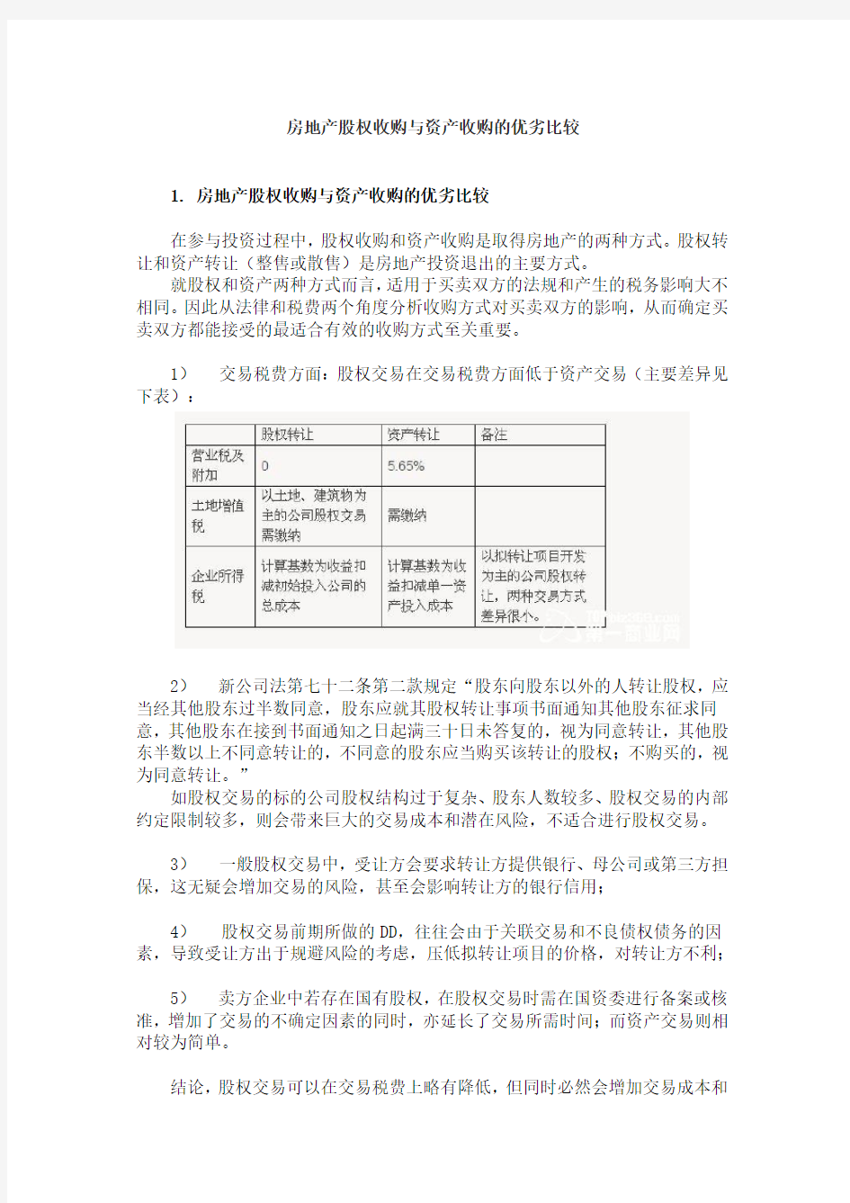 房地产股权收购与资产收购的优劣比较