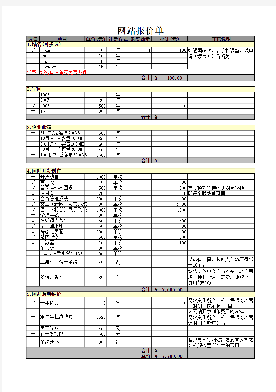 网站制作报价单模板