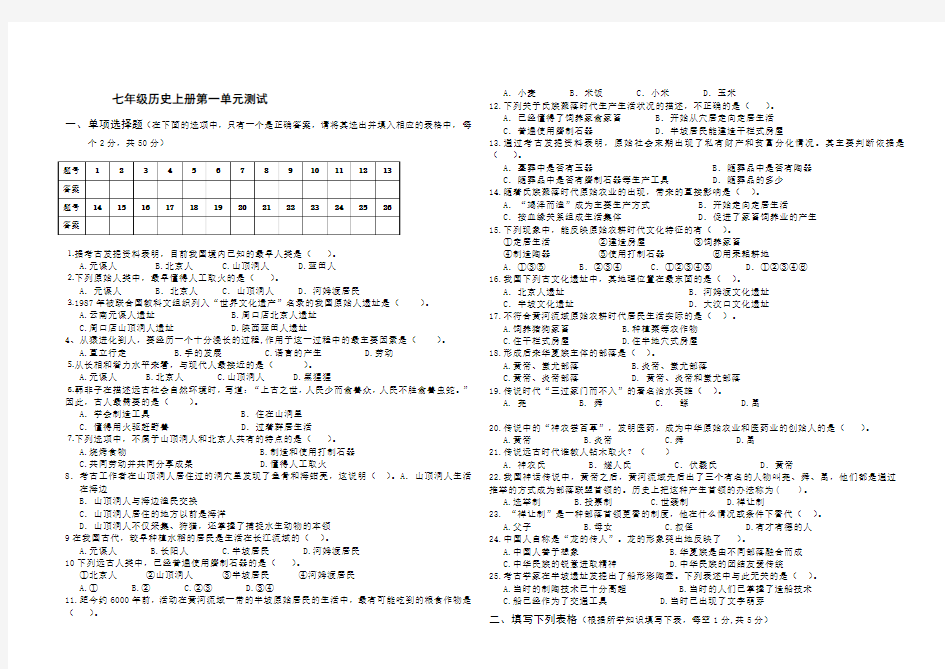 北师大版历史七年级上册第一单元测试题 (1)