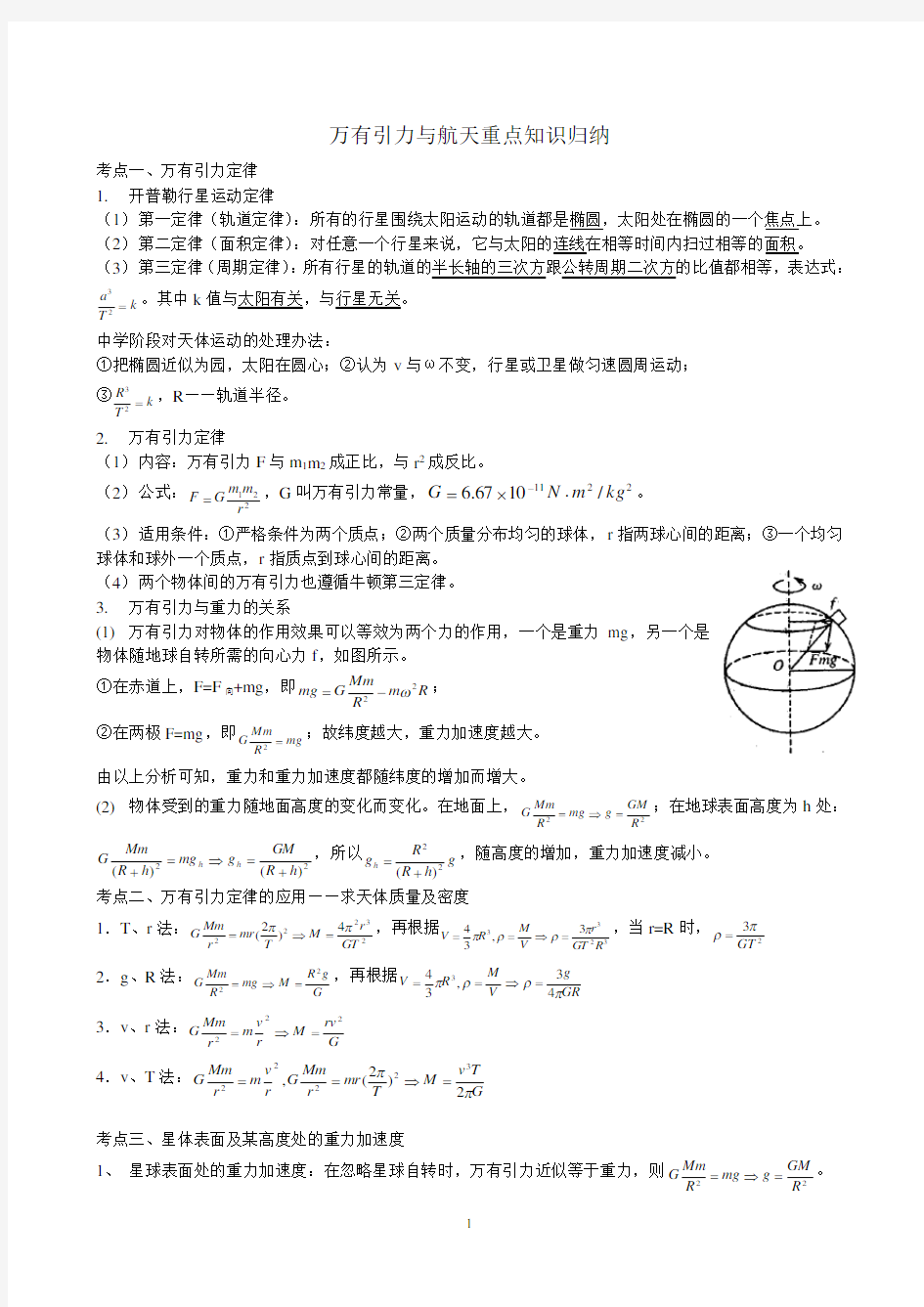 (完整版)万有引力与航天重点知识归纳