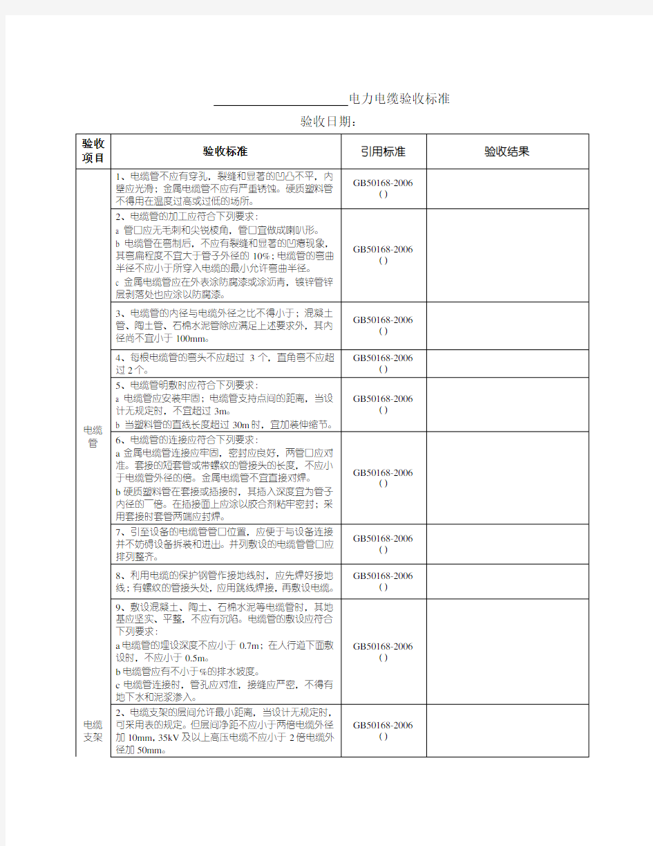 电力电缆验收标准(隧道)