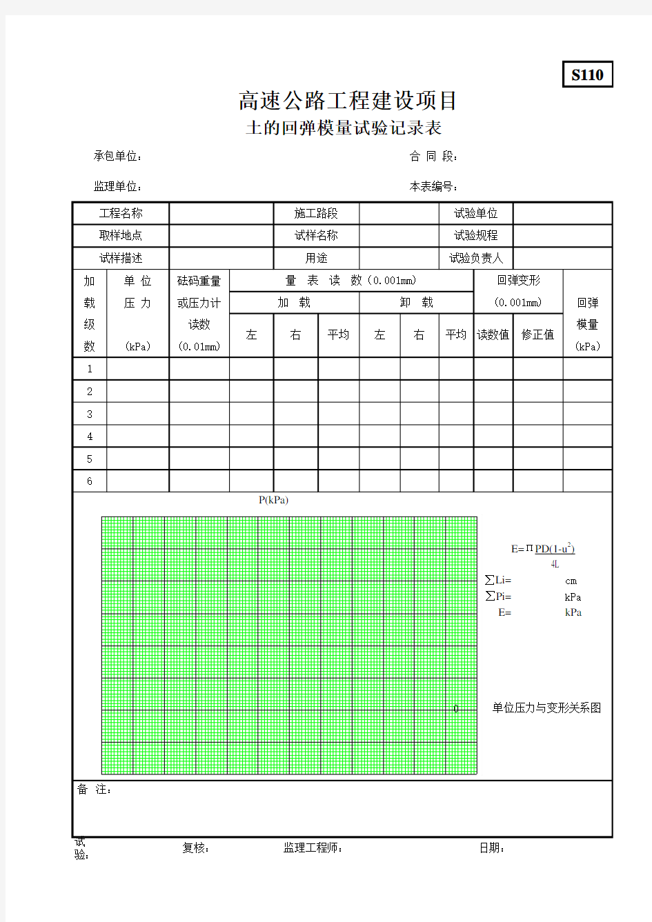 S110土的回弹模量试验记录表