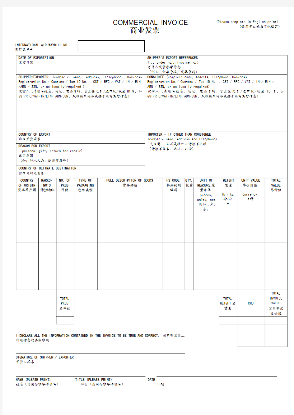 FedEx商业发票模板