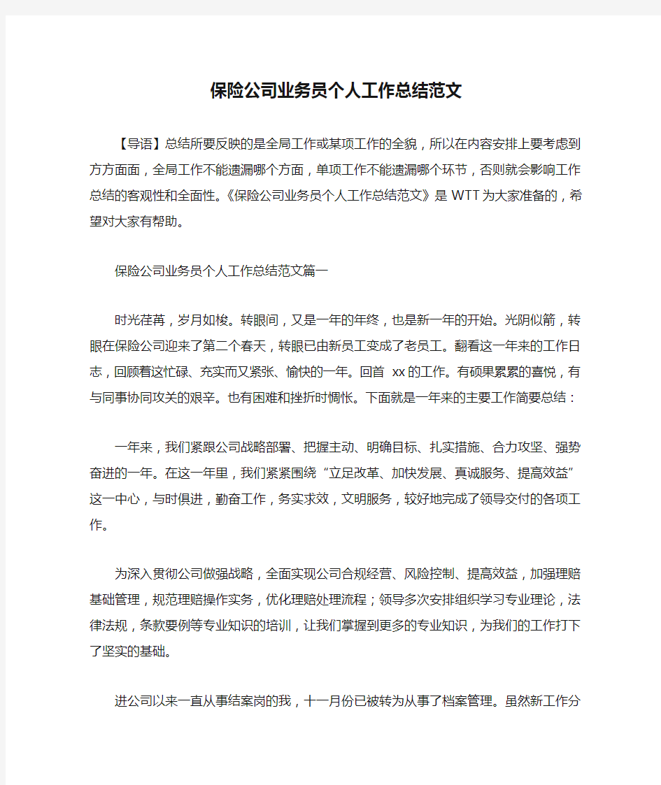 保险公司业务员个人工作总结范文