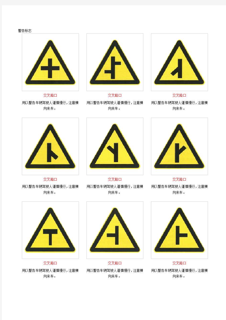 交通标志图及含义大全