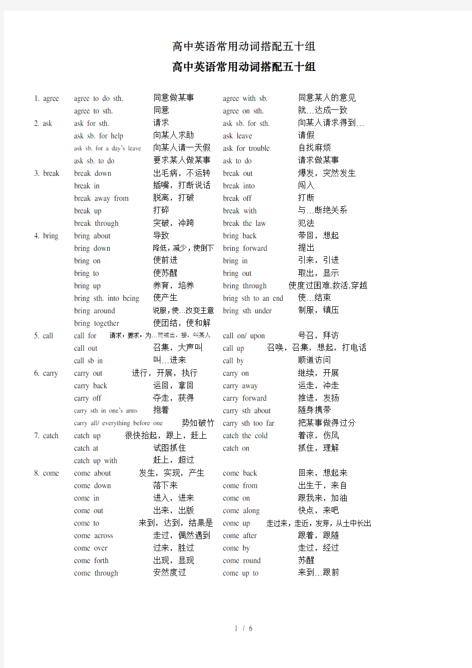 高中英语常用动词搭配五十组