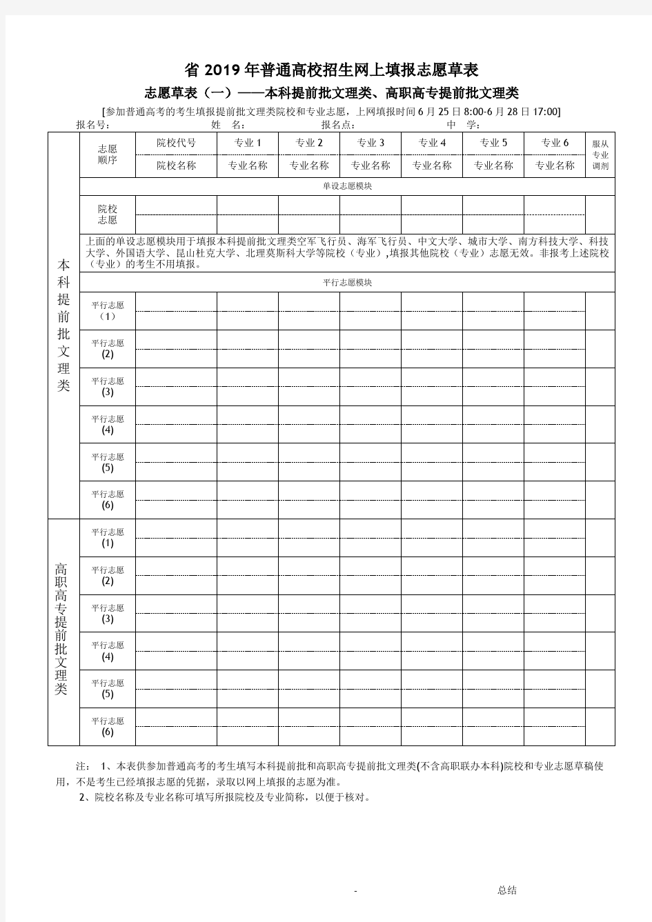 2019高考志愿填报草表-高考报志愿草表