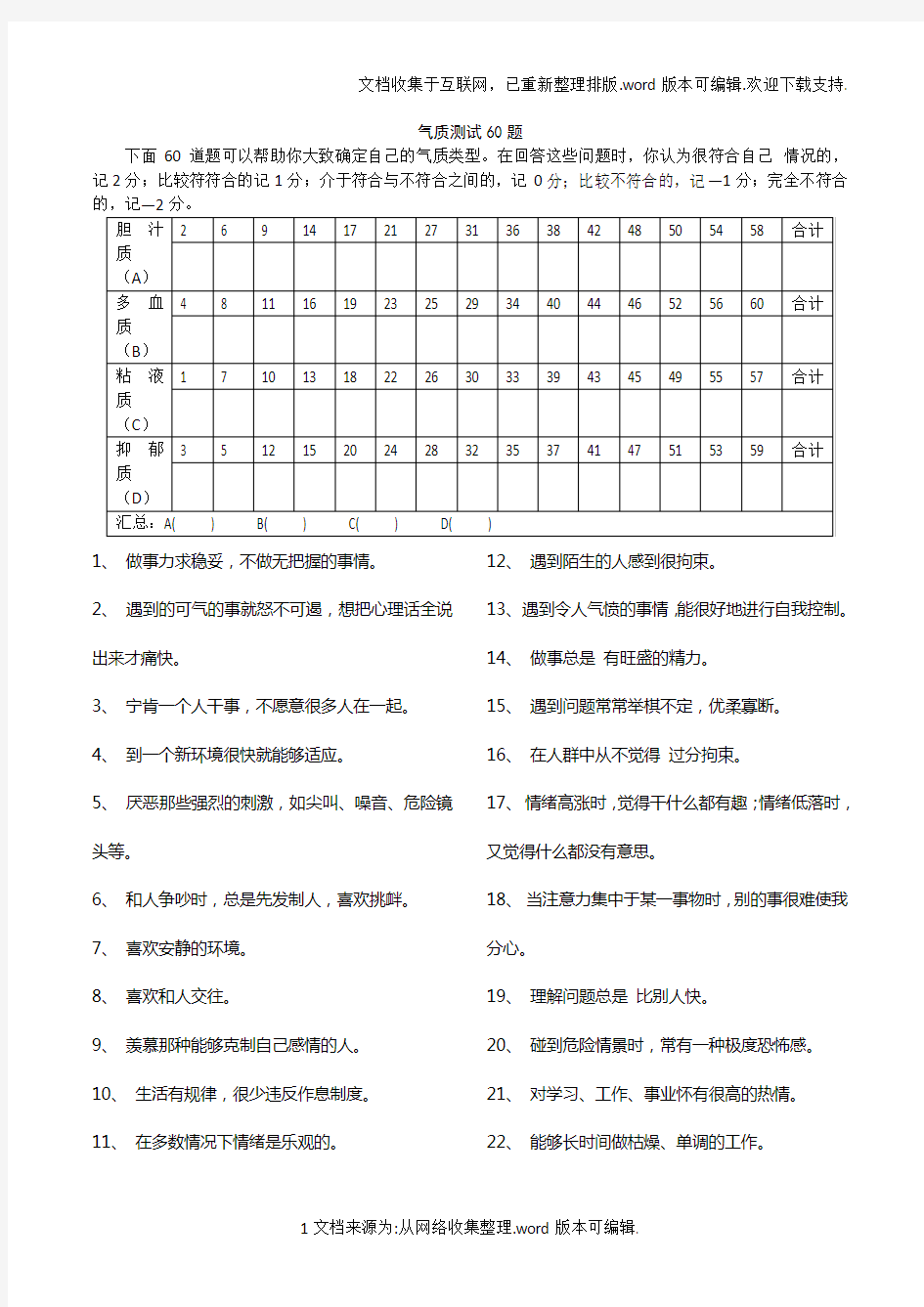 气质测试60题(完整版)