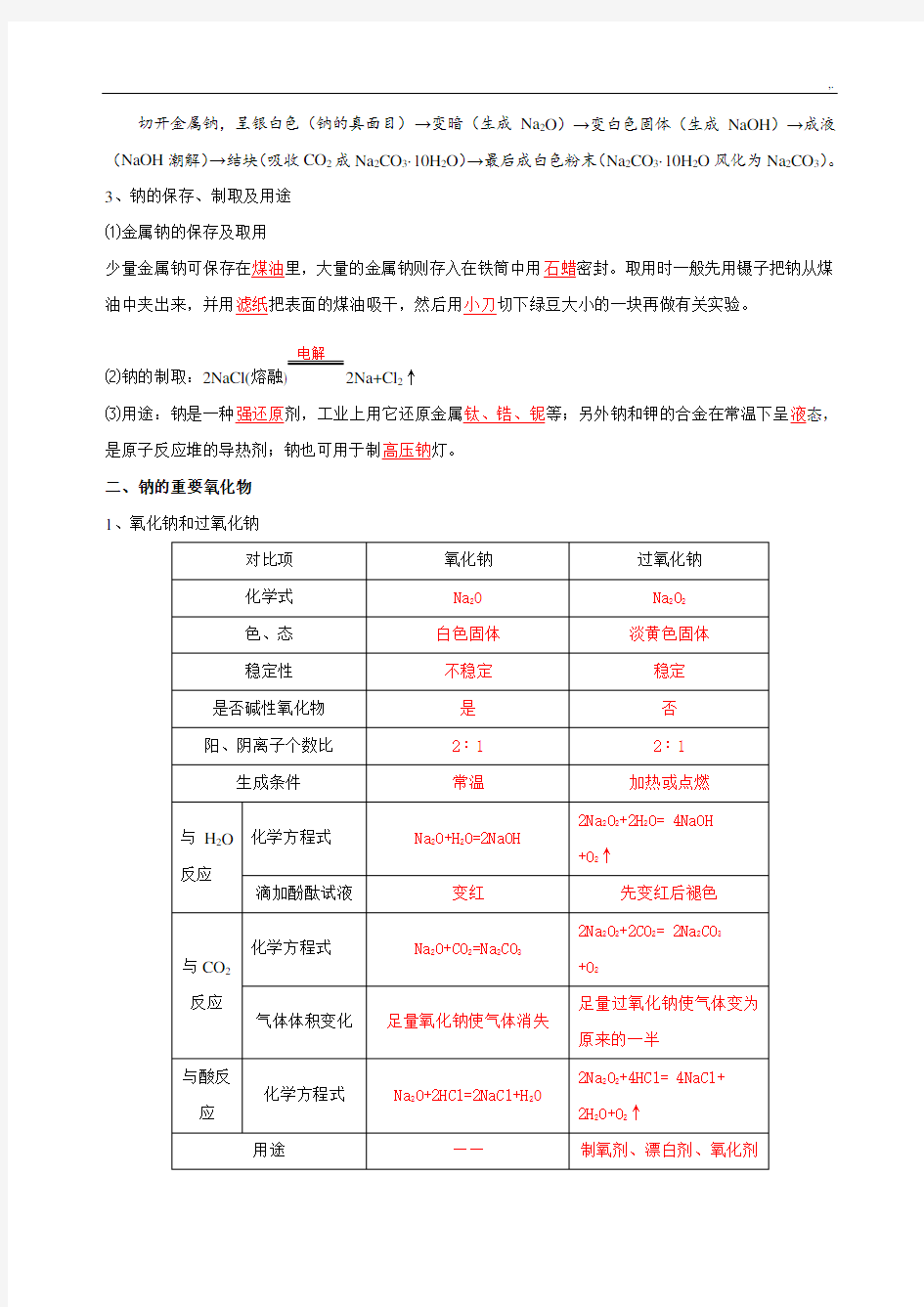 高一化学必修一钠及其重要化合物